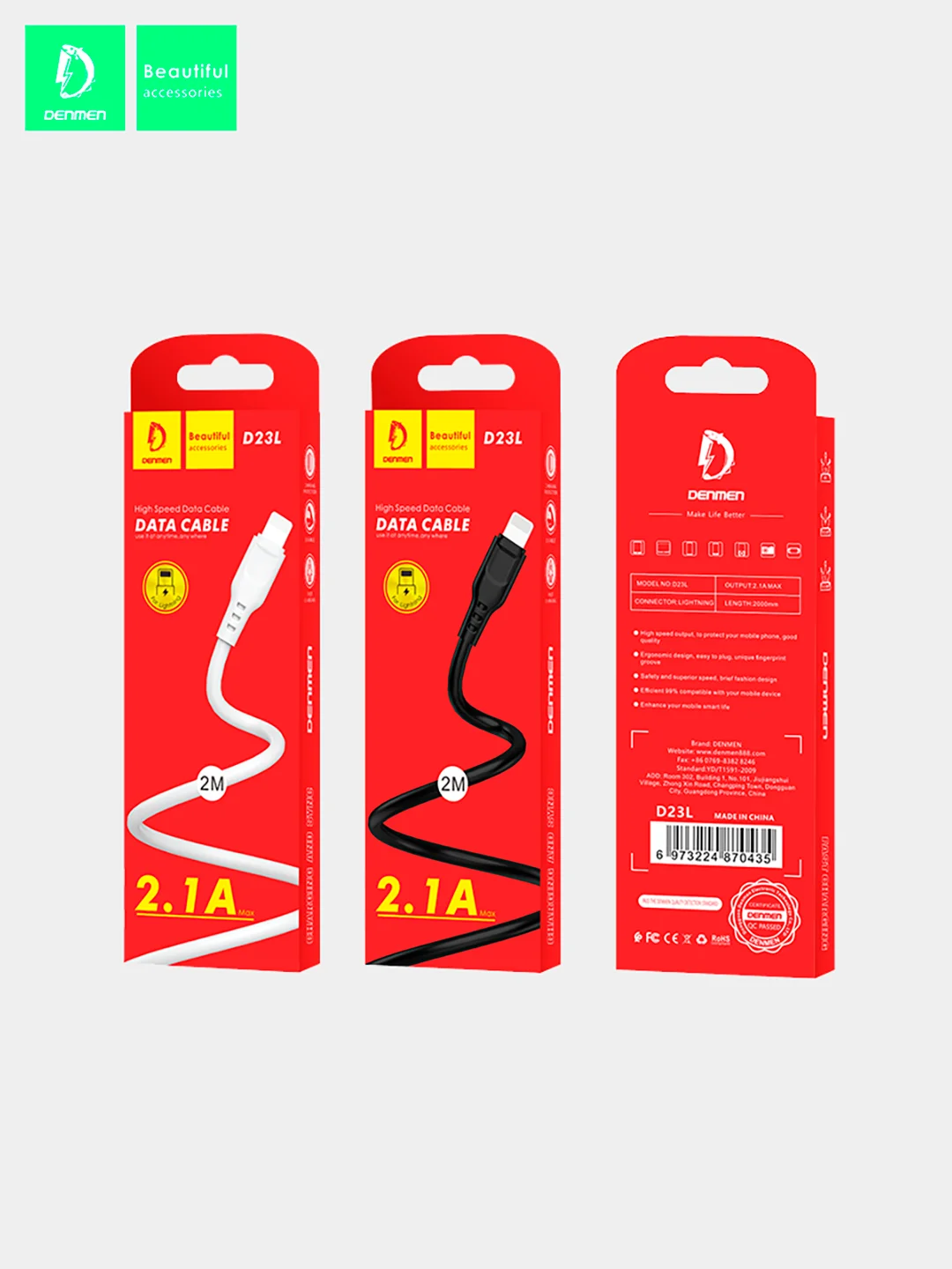 Белый кабель Denmen D23 microUSB, Type-C, Lightning, быстрая зарядка, 2.1 А, 2м