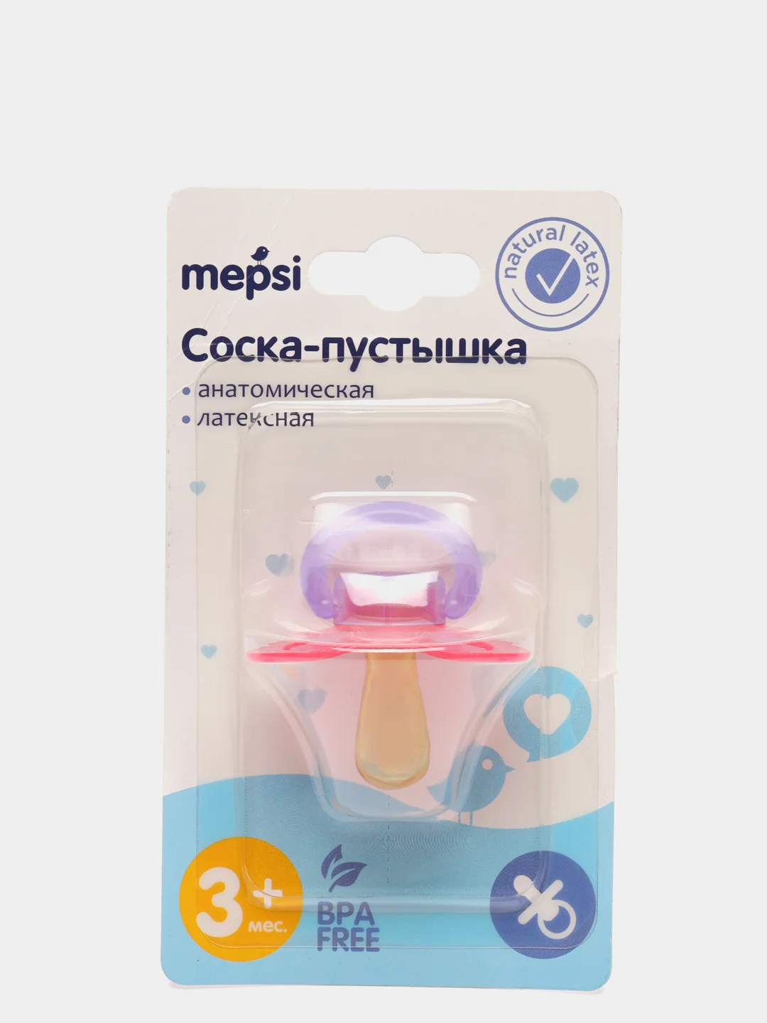 Розовый соска-пустышка латексная анатомическая MEPSI 3+мес 0302