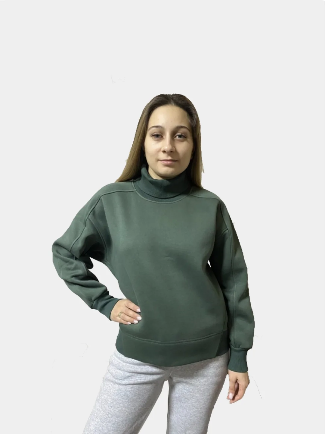 Зелёный хаки свитшот женский с горлом H&H