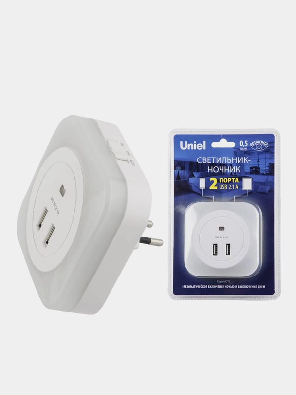 DTL-321 White/Sensor/2USB Светильник ночник с фотосенсором