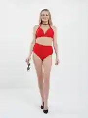 Красный купальник женский, раздельный, большие размеры, высокая талия