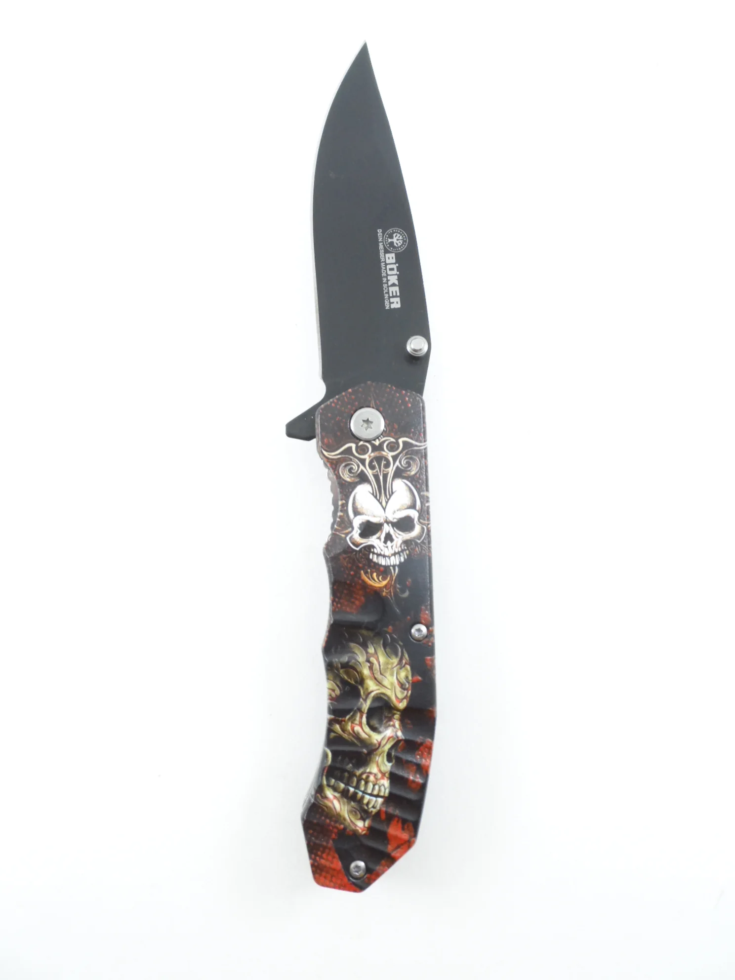 Красный нож туристический раскладной BOKER череп волк орел