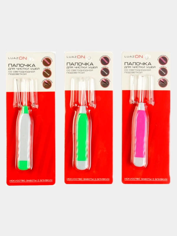 Палочка для чистки ушей, LED-подсветка, 3 насадки, от батареек (в комплекте)