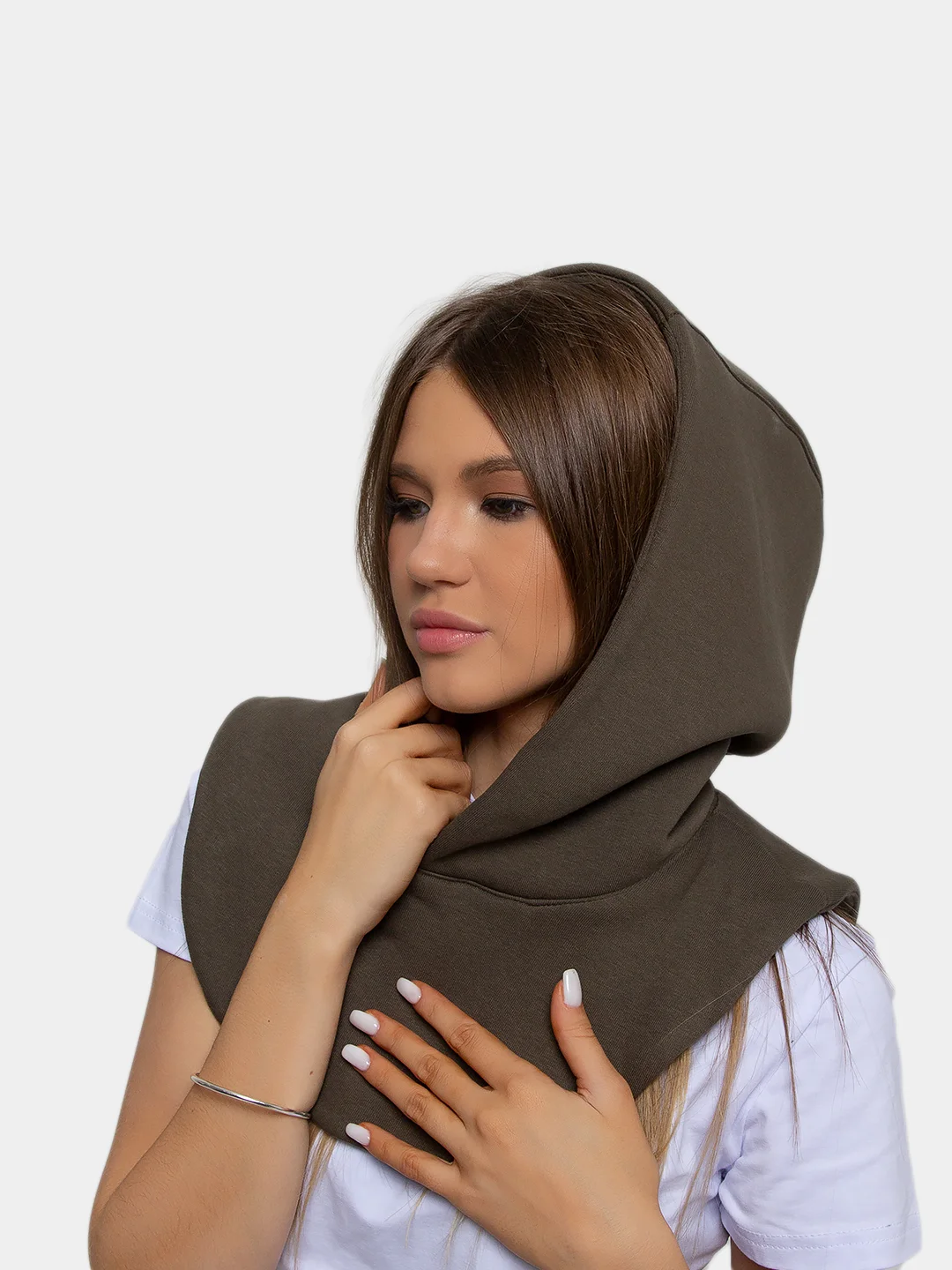 Хаки капор с начёсом, капюшон с воротником