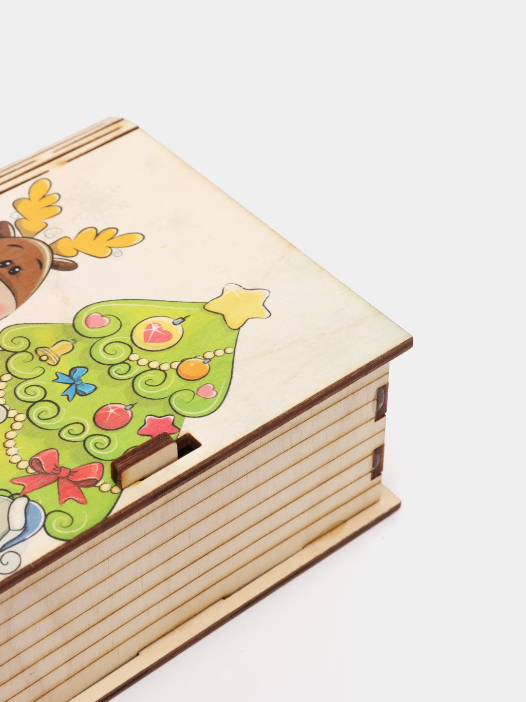 Шкатулка-книжка деревянная "Оленёнок и ёлка" с пожеланием, для украшений и мелочей