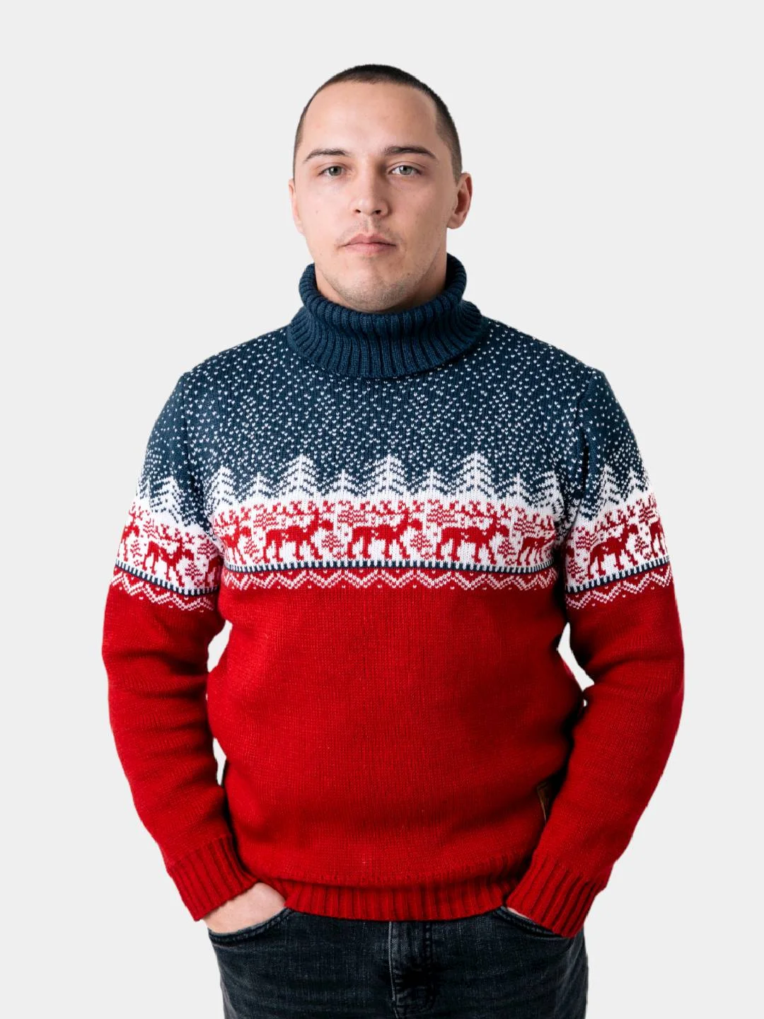 Красный свитер с оленями новогодний. Унисекс. WORLD WOOLLY