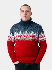 Красный свитер с оленями новогодний. Унисекс. WORLD WOOLLY