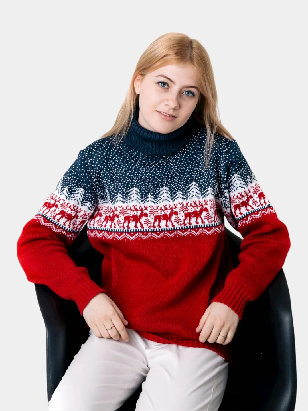 Красный свитер с оленями новогодний. Унисекс. WORLD WOOLLY