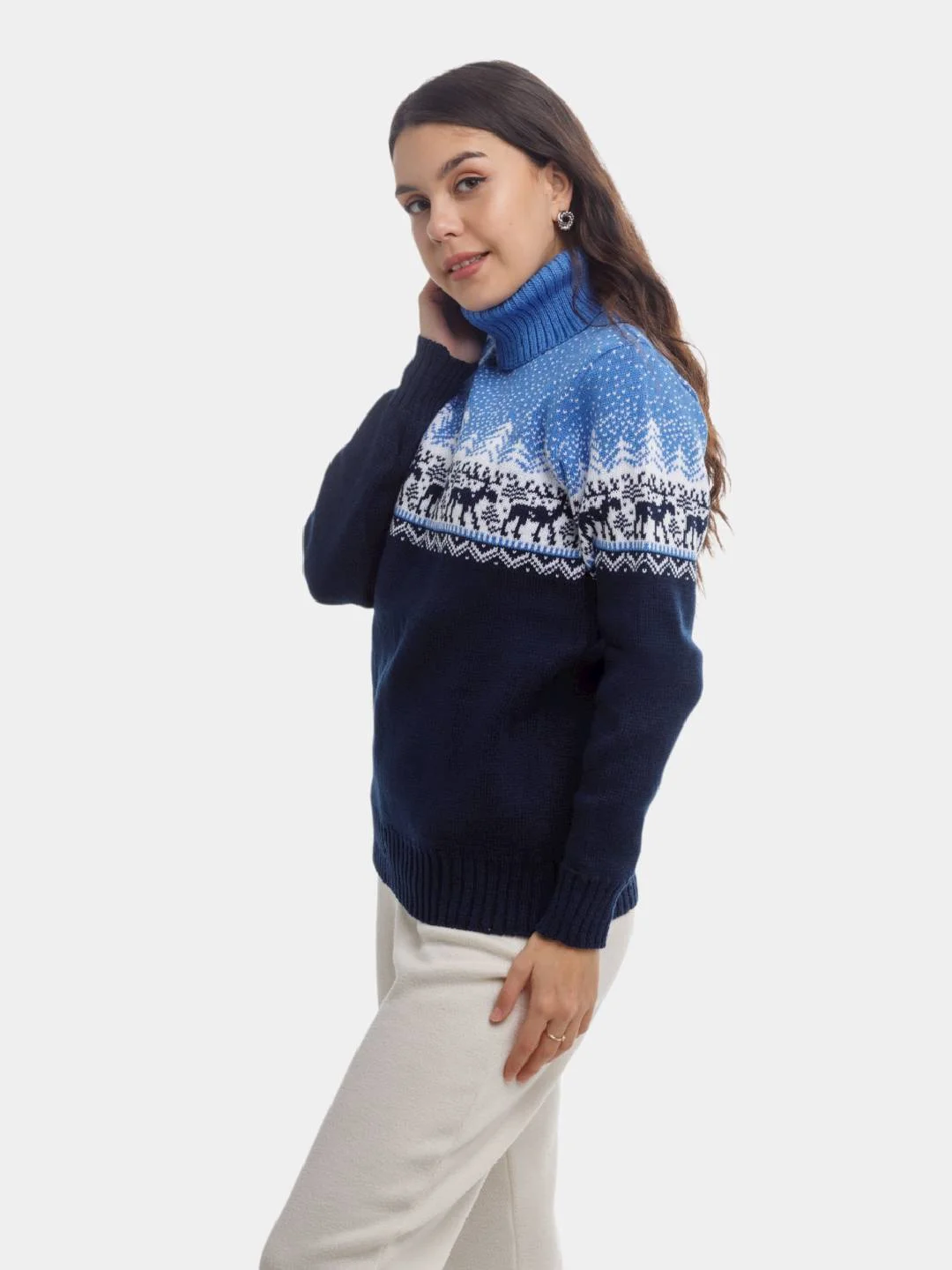Синий свитер с оленями новогодний. Унисекс. WORLD WOOLLY