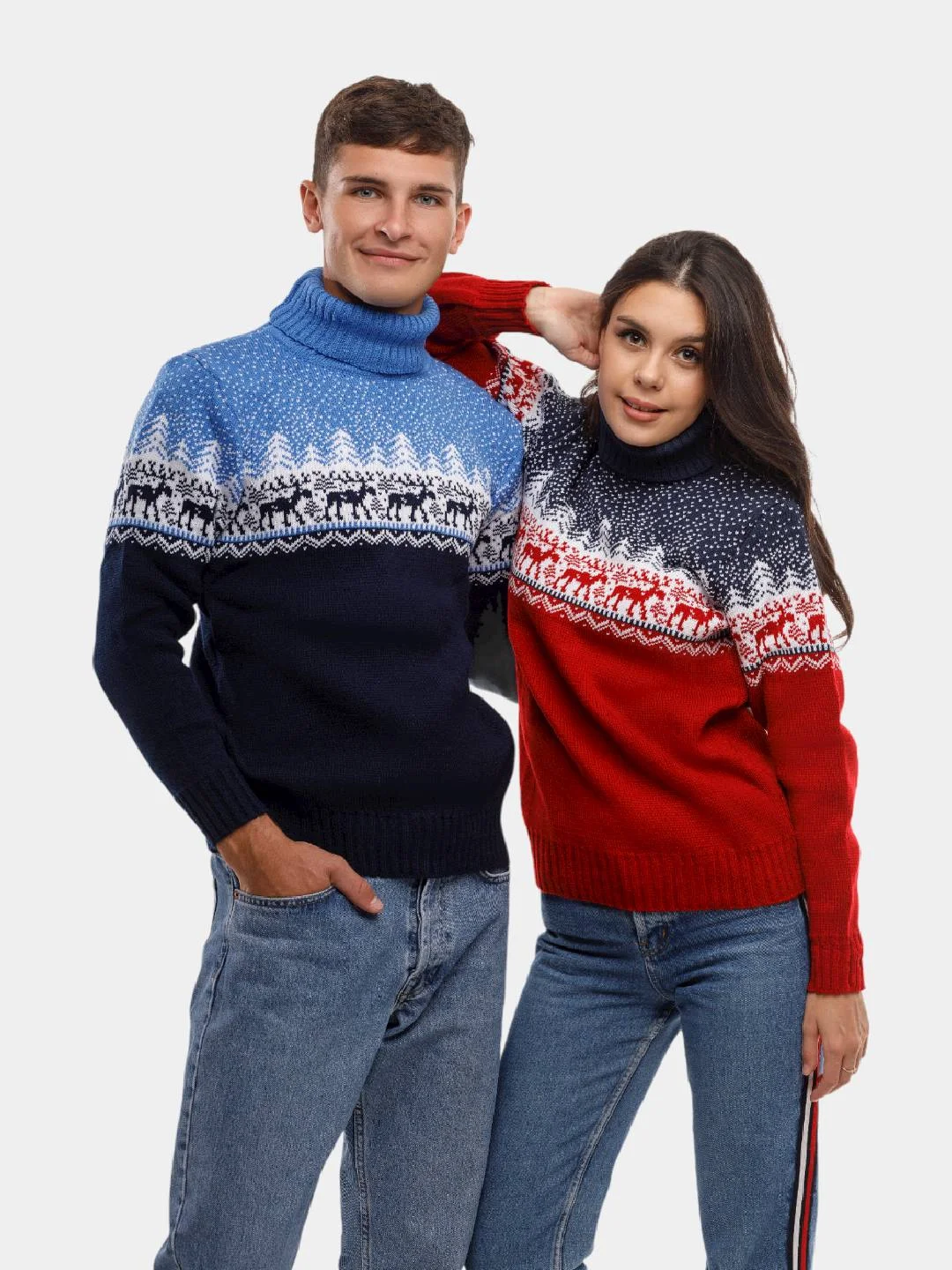 Синий свитер с оленями новогодний. Унисекс. WORLD WOOLLY