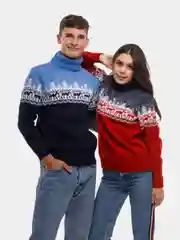 Синий свитер с оленями новогодний. Унисекс. WORLD WOOLLY