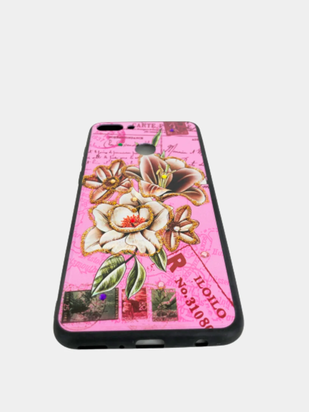 Розовый чехол для смартфона Honor Y9 2018 пластиковый с силиконовыми краями,рисунок,стразы