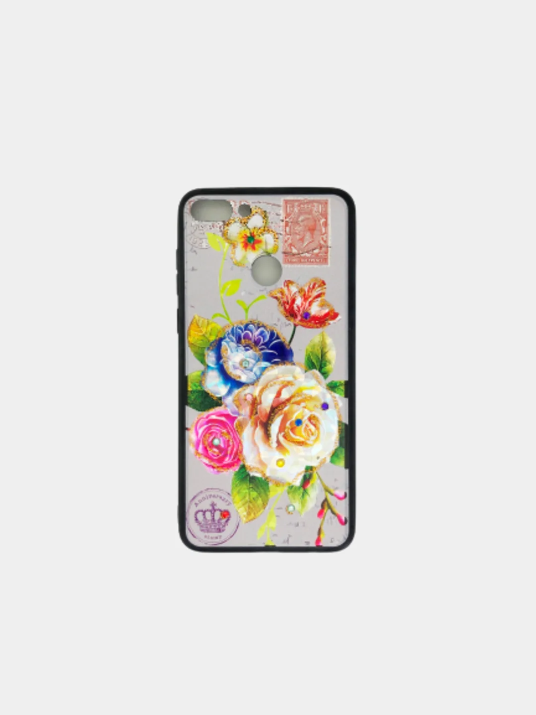 Серый чехол для смартфона Honor Y9 2018 пластиковый с силиконовыми краями,рисунок,стразы