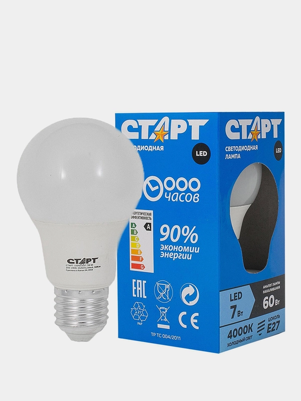 Лампа СТАРТ LEDGLSE27 7W40, холодный