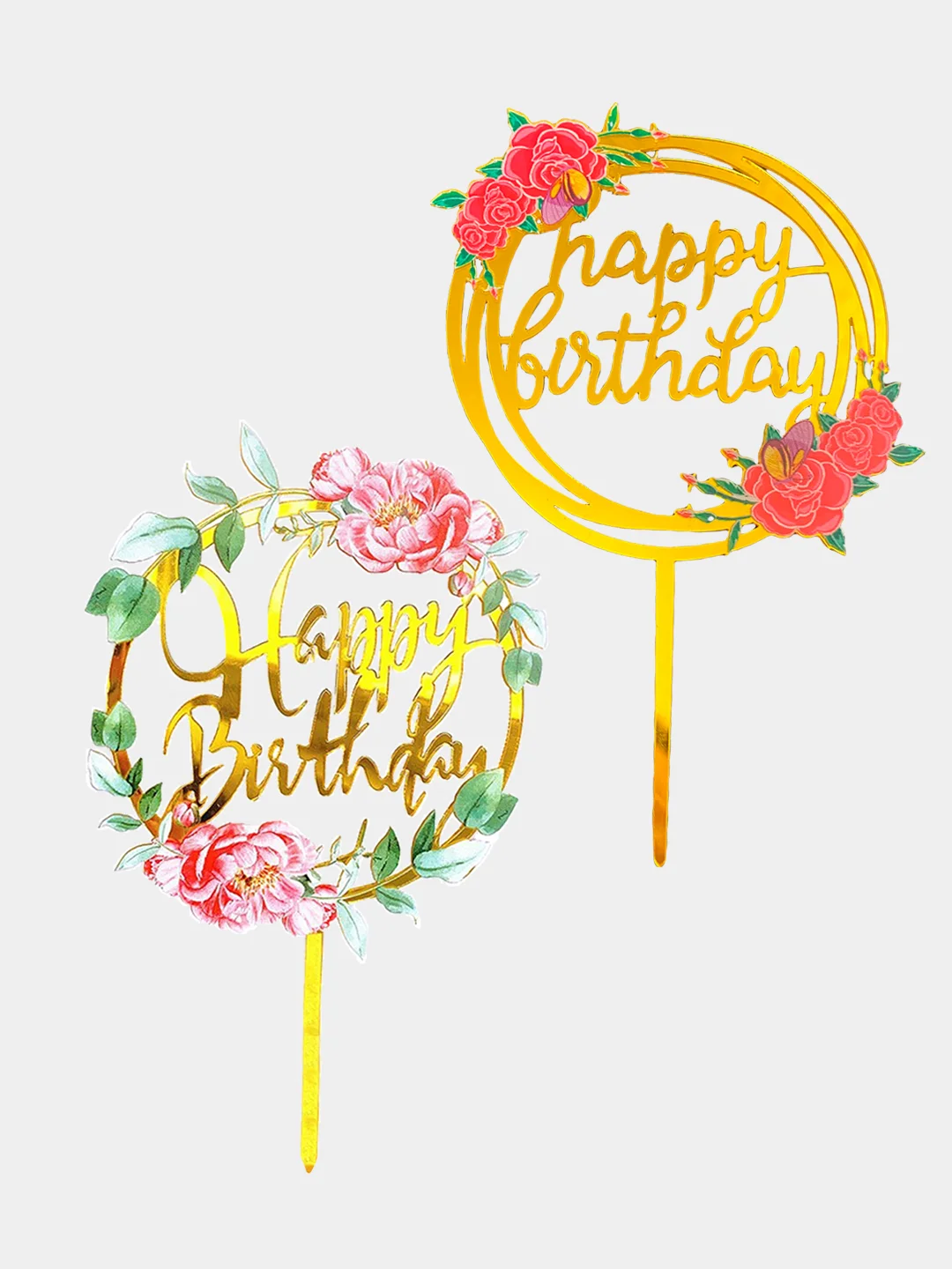 Золотой топпер на торт с надписью "Happy Birthday" с цветами