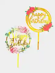 Золотой топпер на торт с надписью "Happy Birthday" с цветами