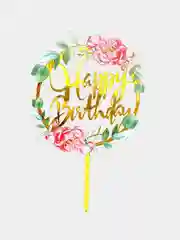 Золотой топпер на торт с надписью "Happy Birthday" с цветами