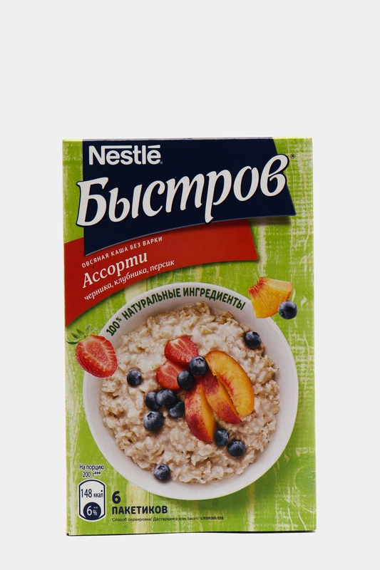 Каша овсяная БЫСТРОВ, с клубникой, персиком, черникой, 240 г, 6 пакетиков