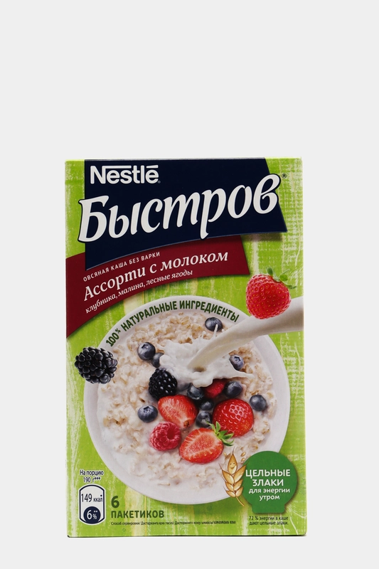 Каша овсяная с молоком БЫСТРОВ, лесные ягоды, клубника, малина, 240 г, 6 пакетиков