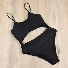 Черный женский слитный купальник с вырезом на спине и на животе
