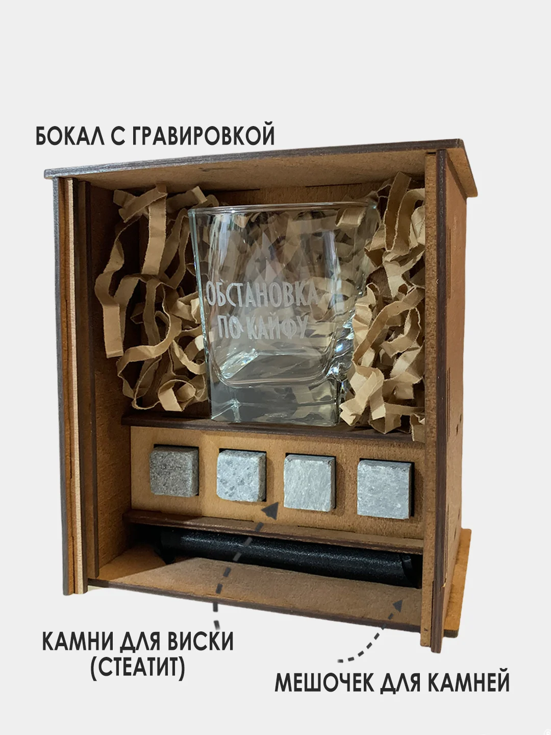 Подарочный набор для виски "И пусть весь мир подождет": бокал с гравировкой и камни