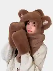 Коричневый шапка с ушками, рукавичками, плюшевая, 4 цвета