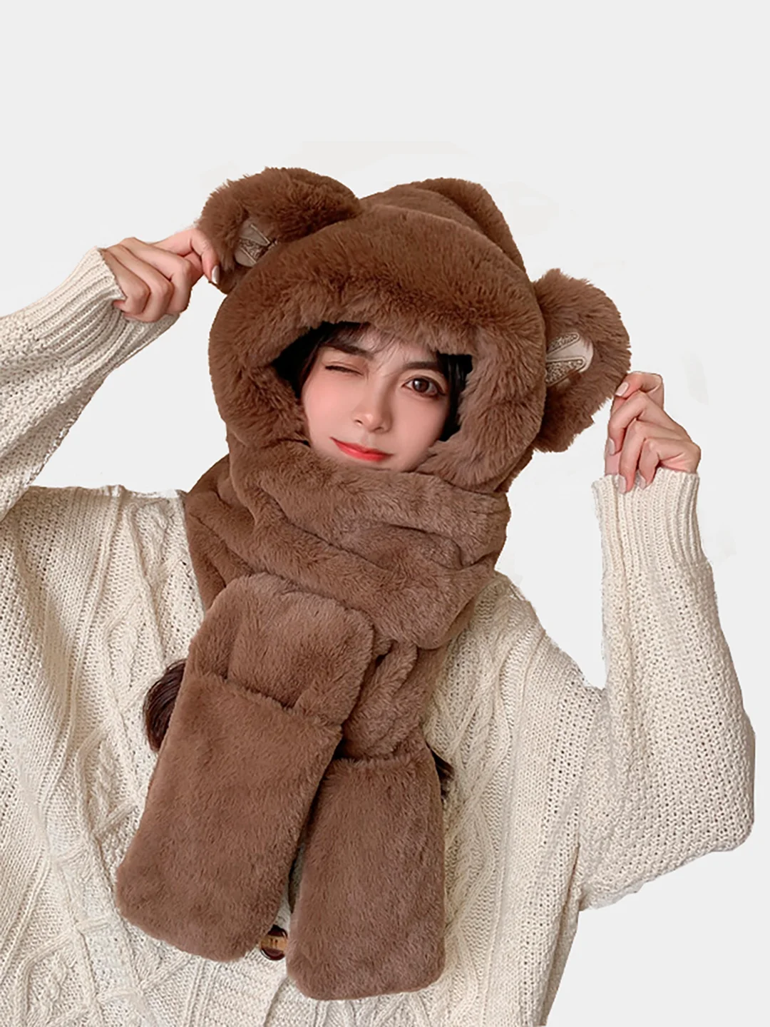 Коричневый шапка с ушками, рукавичками, плюшевая, 4 цвета