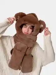 Коричневый шапка с ушками, рукавичками, плюшевая, 4 цвета
