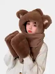 Коричневый шапка с ушками, рукавичками, плюшевая, 4 цвета