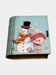 Шкатулка-книжка из дерева "Снеговик и котёнок" с пожеланием, для крашений и мелочей