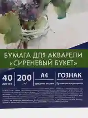 Бумага для акварели А4, 40л, СИРЕНЕВЫЙ БУКЕТ, зерно, 200г/м2, ГОЗНАК, BRAUBERG, 112321