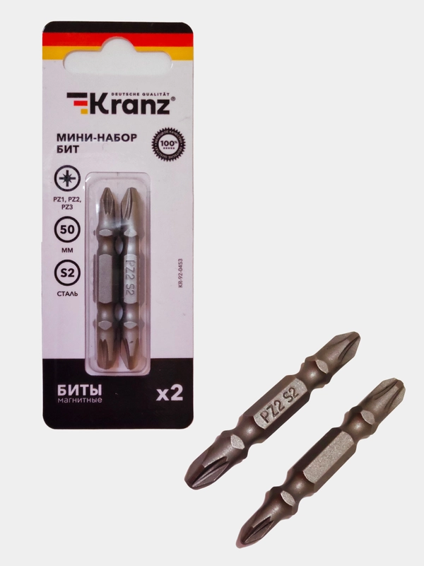 Набор бит двусторонних KRANZ PZ2xPZ2, PZ1xPZ3-50 мм, 2 штуки, сталь S2