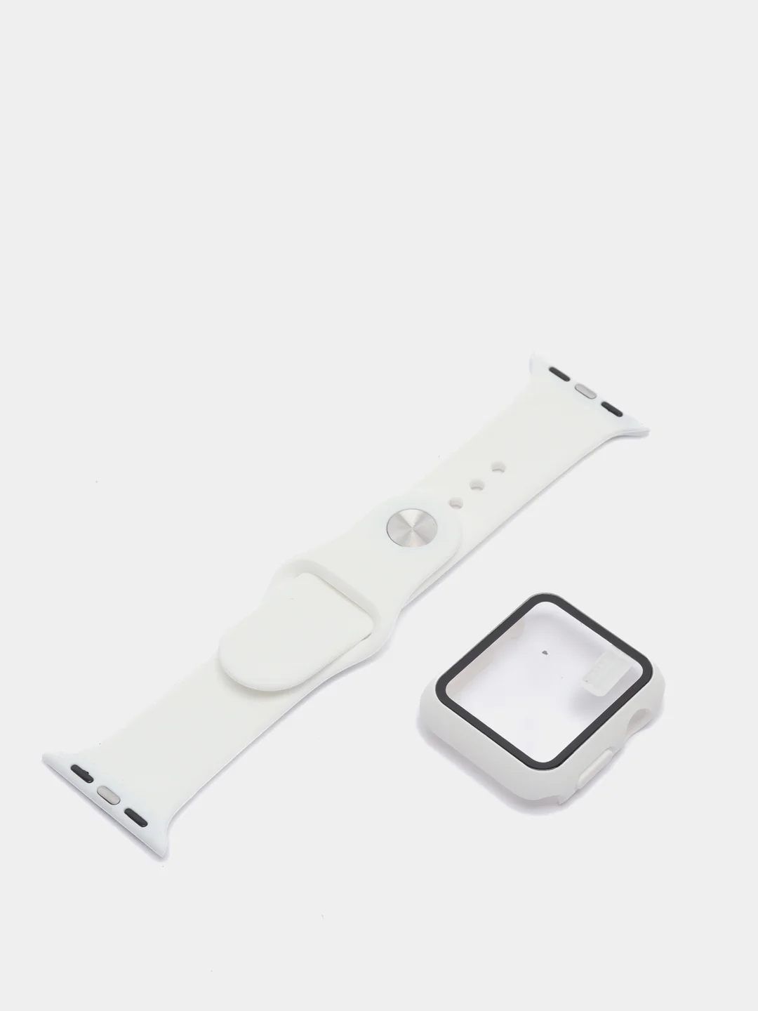 Белый силиконовый ремешок + защитная накладка со стеклом на корпус Apple Watch 38 mm