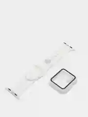 Белый силиконовый ремешок + защитная накладка со стеклом на корпус Apple Watch 38 mm