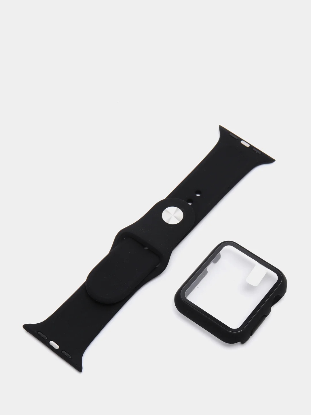 Черный силиконовый ремешок + защитная накладка со стеклом на корпус Apple Watch 42 mm
