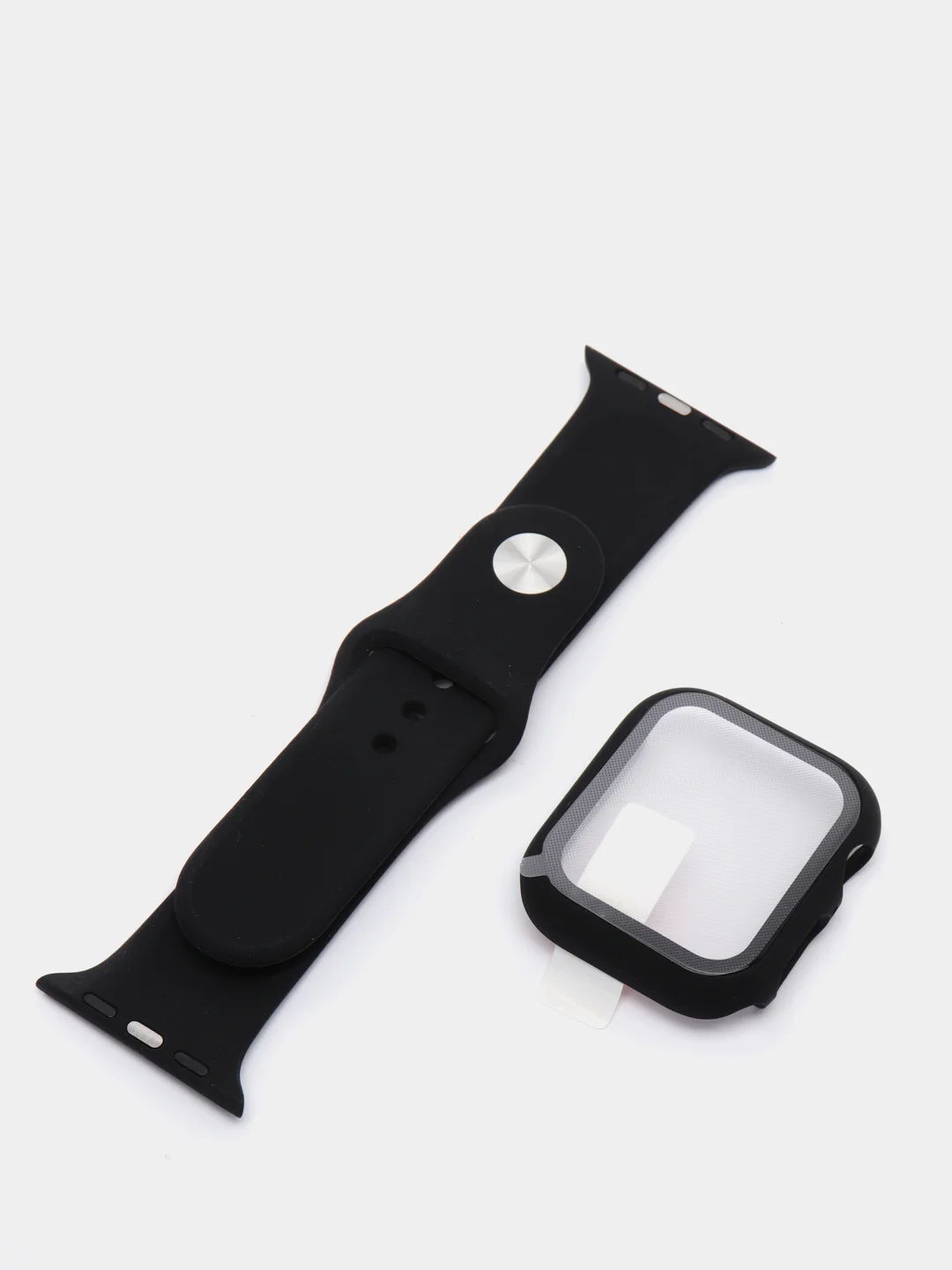 Черный силиконовый ремешок + защитная накладка со стеклом на корпус Apple Watch 40 mm