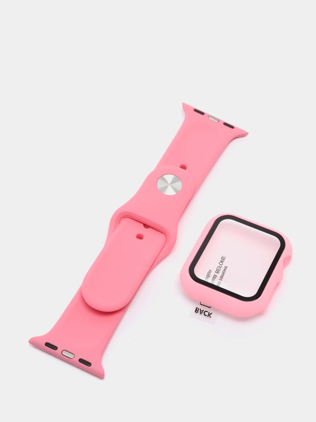 Розовый силиконовый ремешок + защитная накладка со стеклом на корпус Apple Watch 40 mm