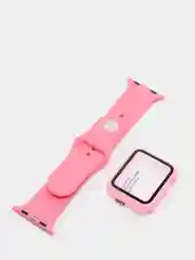 Розовый силиконовый ремешок + защитная накладка со стеклом на корпус Apple Watch 38 mm