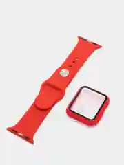 Красный силиконовый ремешок + защитная накладка со стеклом на корпус Apple Watch 38 mm