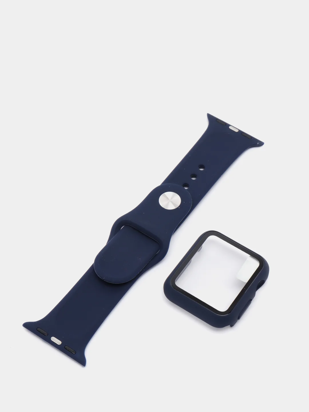 Индиго силиконовый ремешок + защитная накладка со стеклом на корпус Apple Watch 38 mm