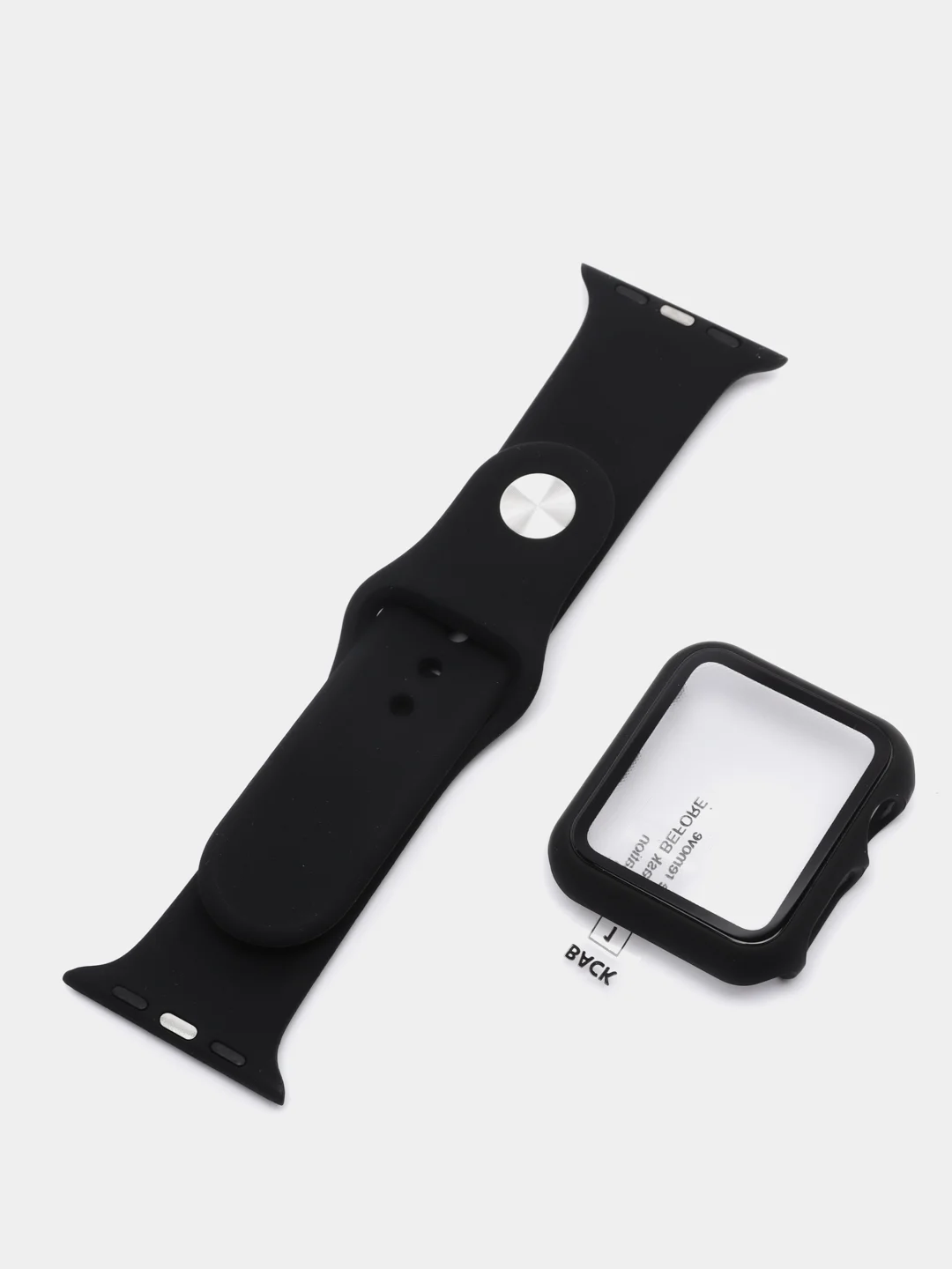 Черный силиконовый ремешок + защитная накладка со стеклом на корпус Apple Watch 38 mm