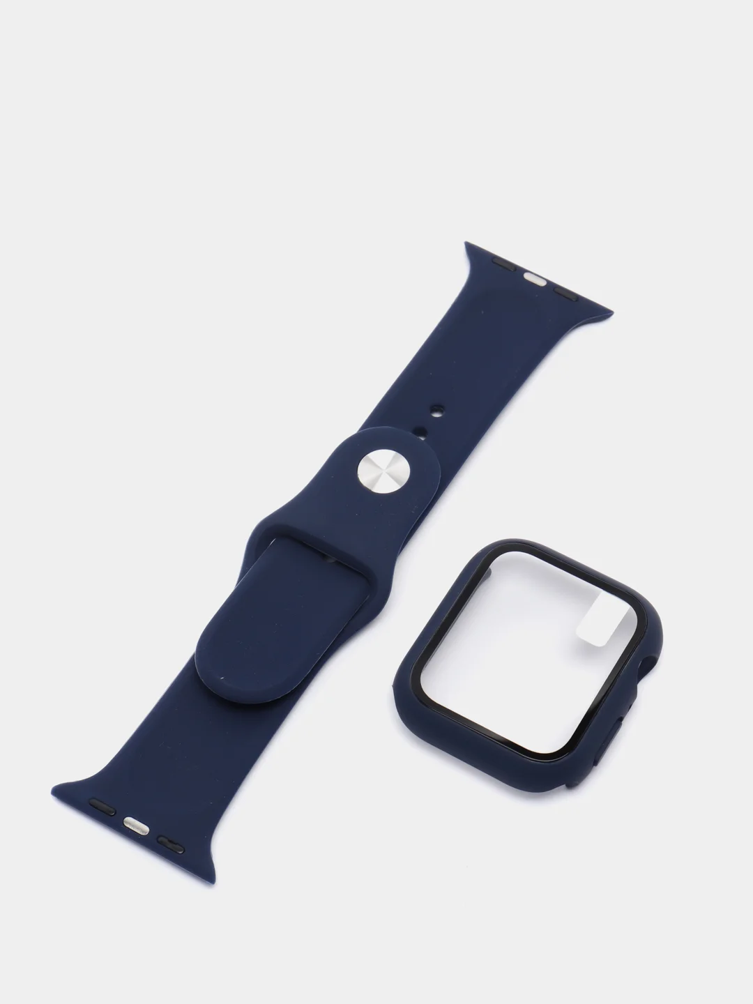 Темно-синий силиконовый ремешок + защитная накладка со стеклом на корпус Apple Watch 44 mm