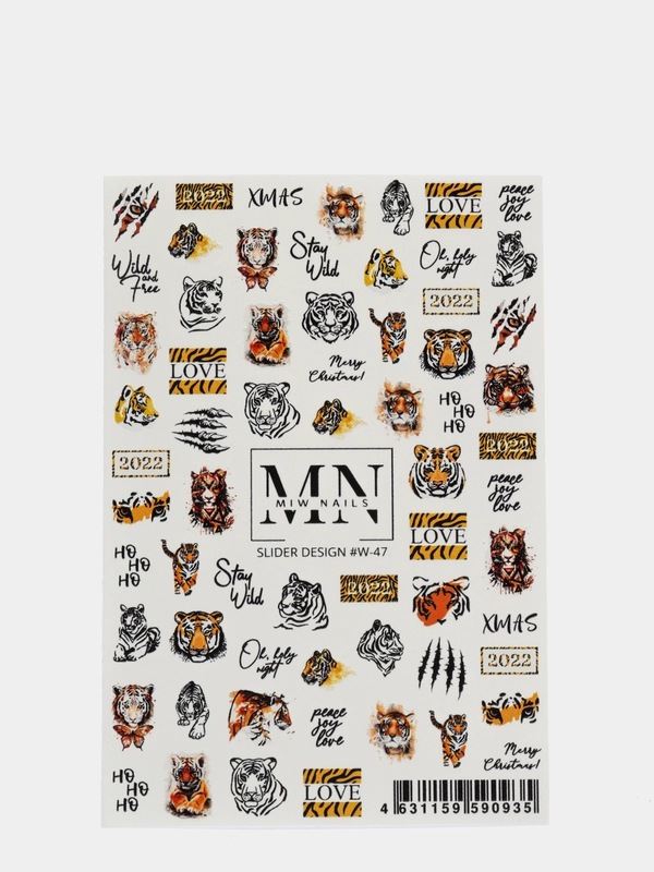 Слайдеры - водные наклейки для дизайна ногтей MIW NAILS W47 тигр 2022 LOVE / stay wild