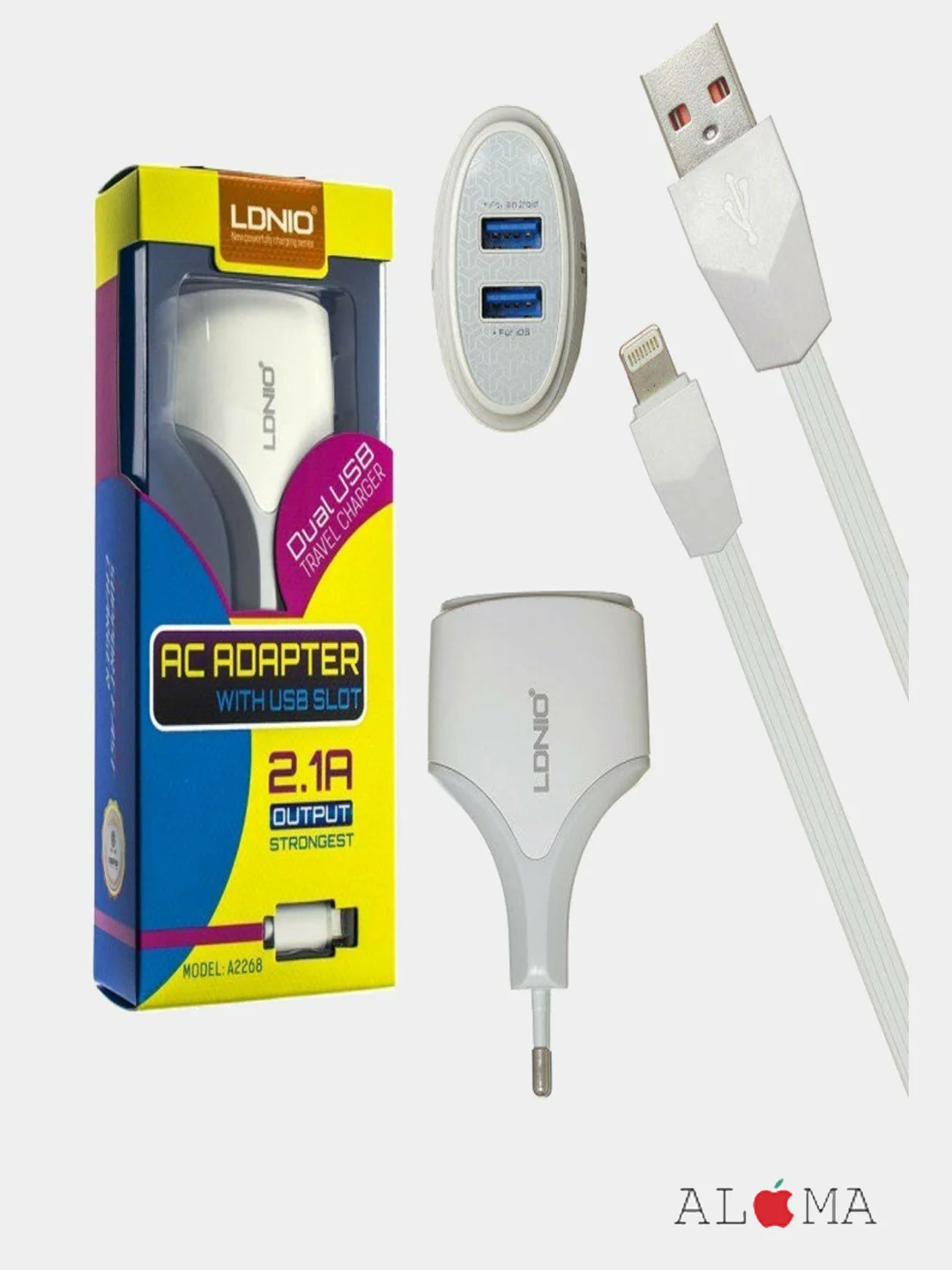 Сетевое зарядное устройство  LDNIO A2268 2 USB порта + кабель Lightning/Micro USB 2.1A