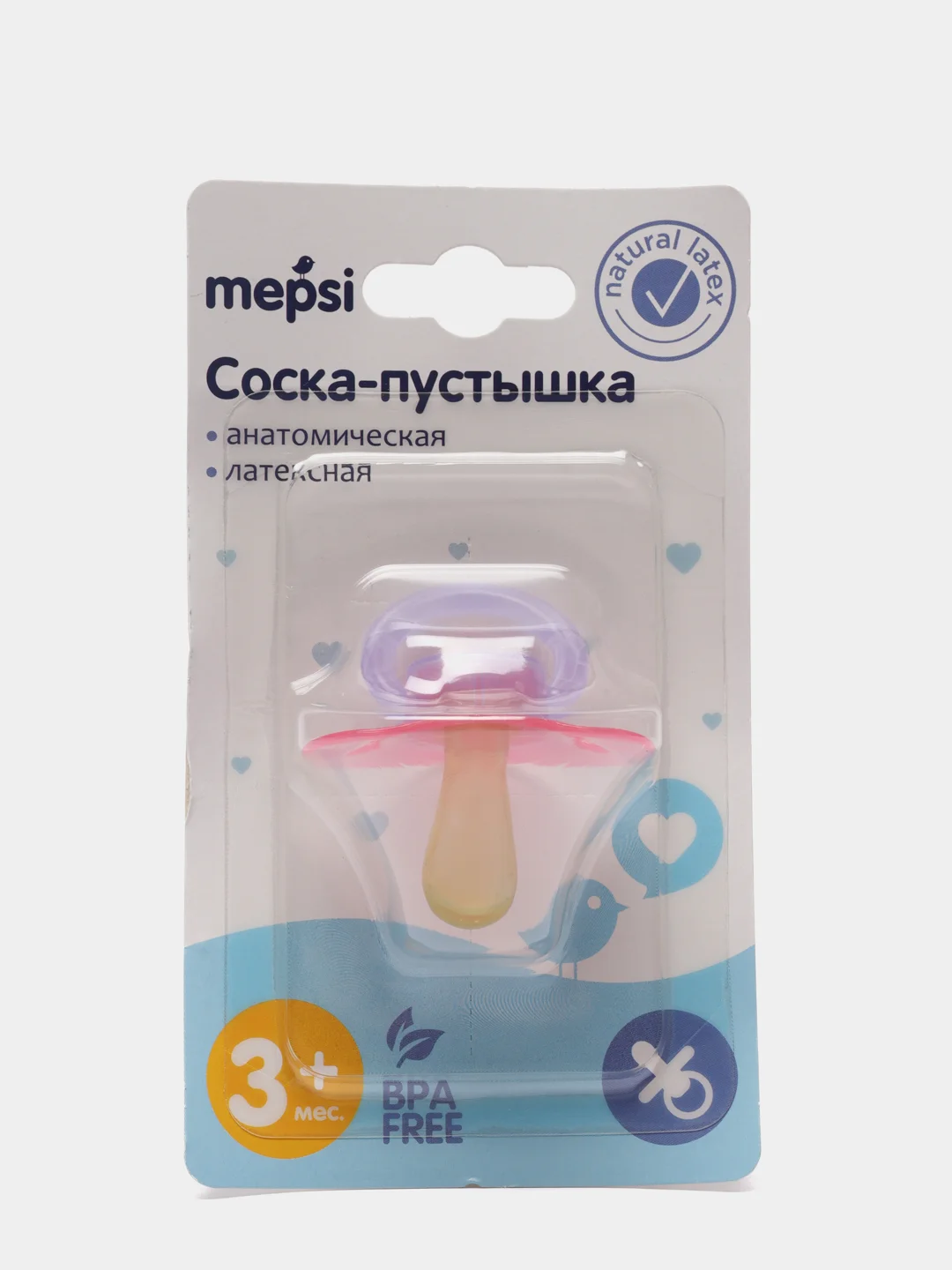 Розовый соска-пустышка латексная анатомическая MEPSI 3+мес 0302