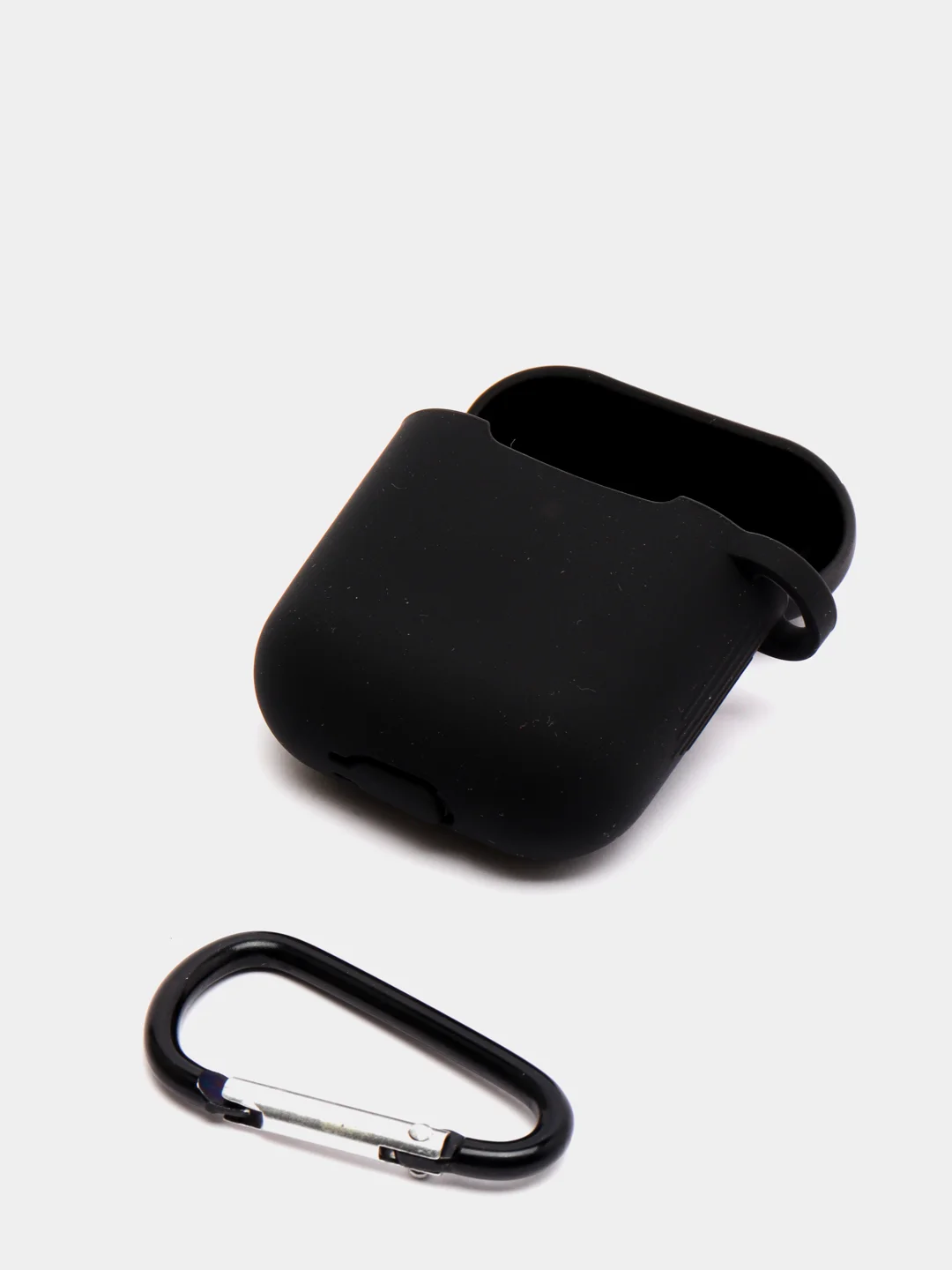 Черный чехол для наушников Airpods силиконовый с карабином