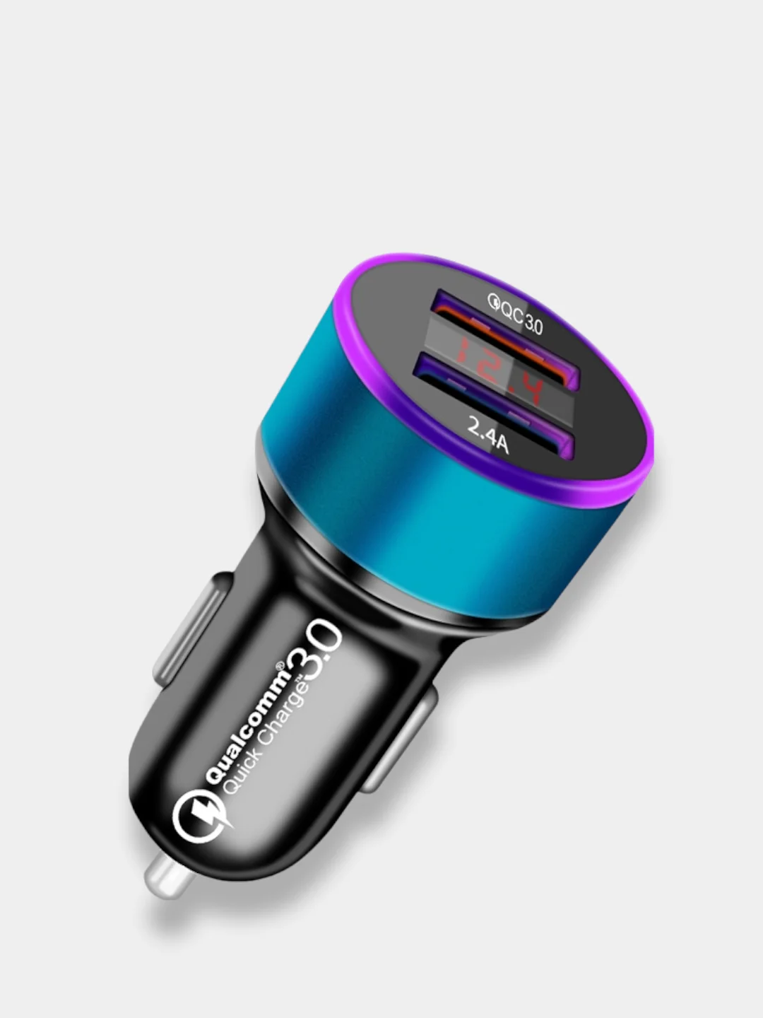 Синий автомобильное зарядное устройство, 2USB, QC3 (быстрая зарядка) и 2,4А