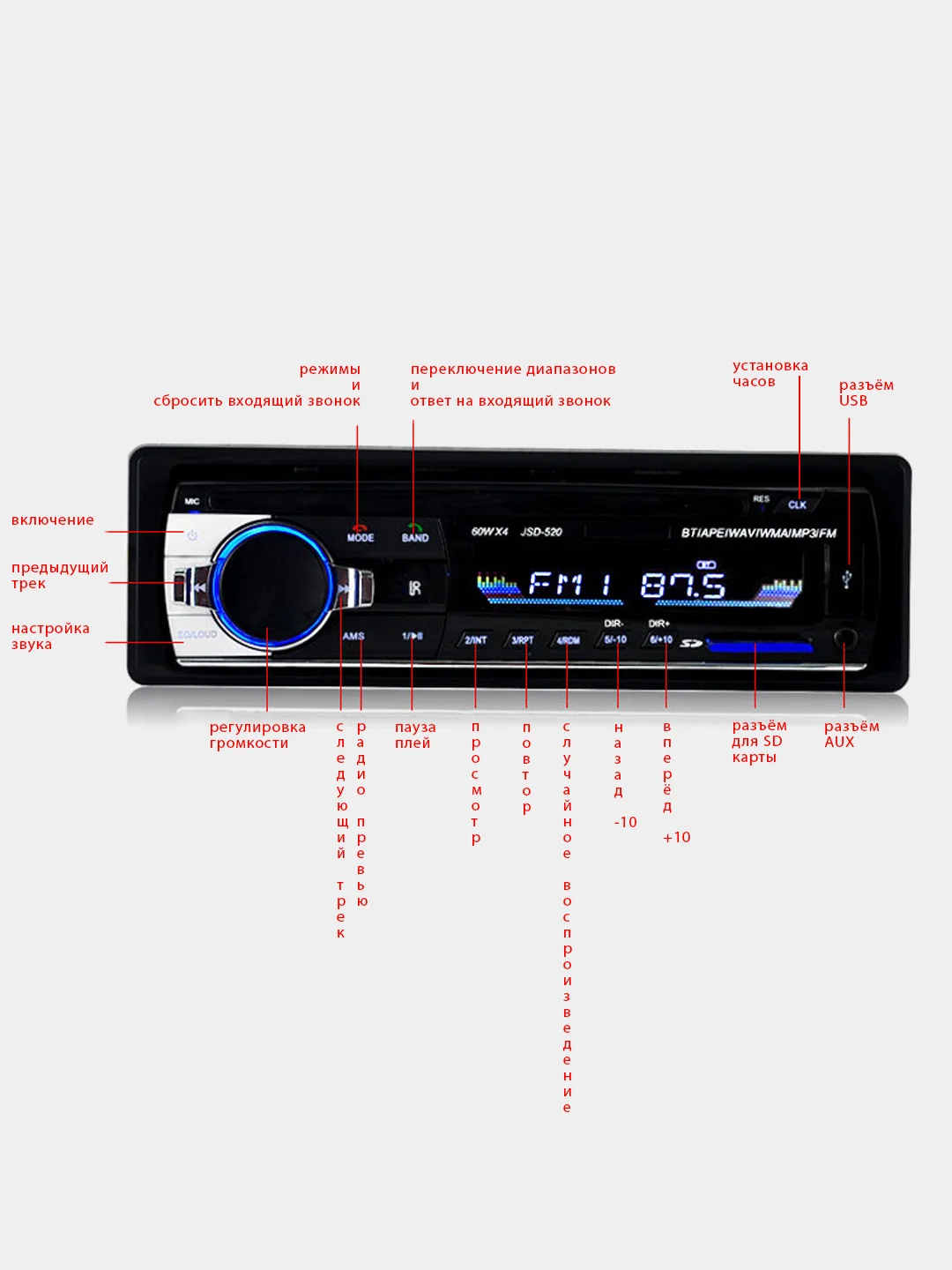 Автомагнитола 1 din, bluetooth, USB, microsd магнитола