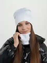 Белый комплект шапка-снуд, снуд женский, шапка женская, шапка бини,шапка женская демисезонная