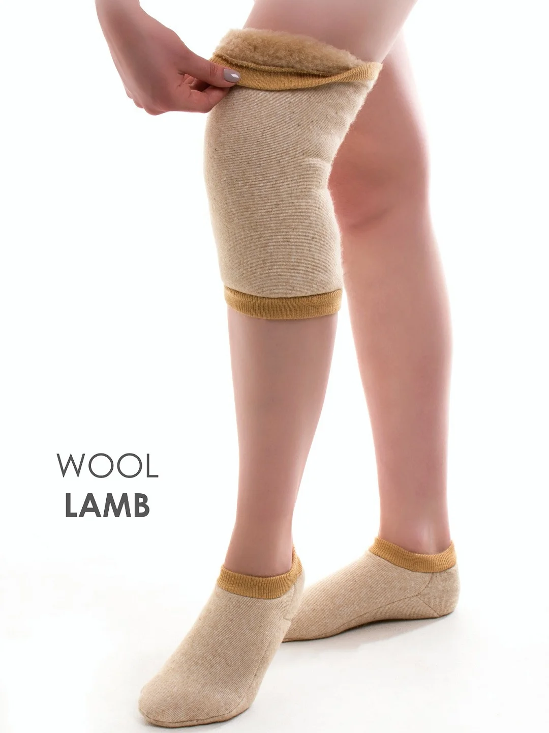 Карамельный наколенник Woollamb меховой эластичный из овечьей шерсти
